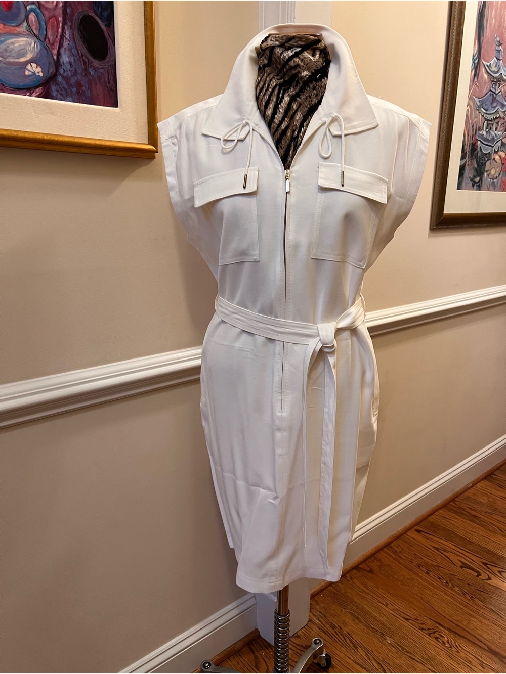 Calvin Klein White Zip-Front Belted Midi Shirt Dress